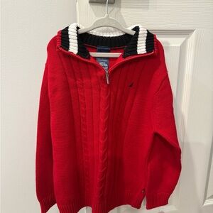 Nautica Red Cable Knit Sweater with Striped Collar